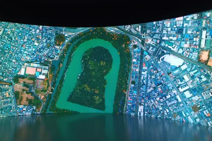 Proyección del centro de visitantes del grupo de tumbas Mozu de la tumba del emperador Nintoku en Sakai